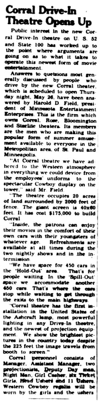 Corral Drive-In Theatre Opens Up.  West Saint Paul Booster page 1.