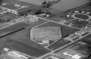 Aerial view, drive-in theatre and surrounding area. Part of the Mart Collection, courtesy of the Minnesota Historical Society.