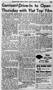 Garrison Drive-In to Open Thursday with Flat Top Film.  Brainerd Daily Dispatch, page 11.