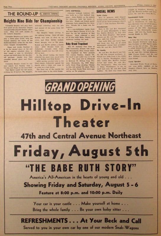 Hilltop Drive-in Grand opening, August 5 1949Col. Hts. Record