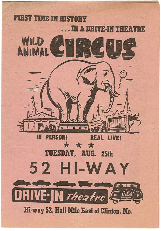 Cover of a 1952 Flyer for the 52 Hi-Way Drive-in showing a Wild Animal Circus