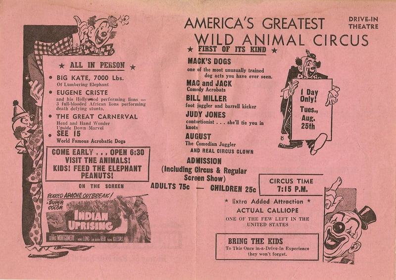 Inside of a 1952 Flyer for the 52 Hi-Way Drive-in showing the Wild Animal Circus acts