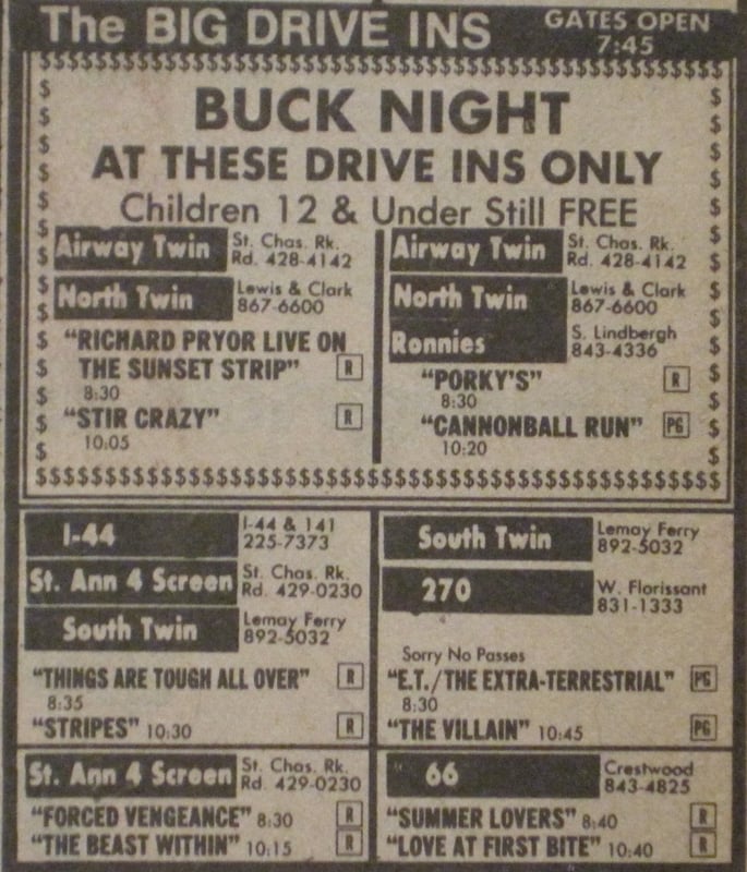 Drive-in movie listing from the St. Louis Globe-Democrat.  August 11, 1982.