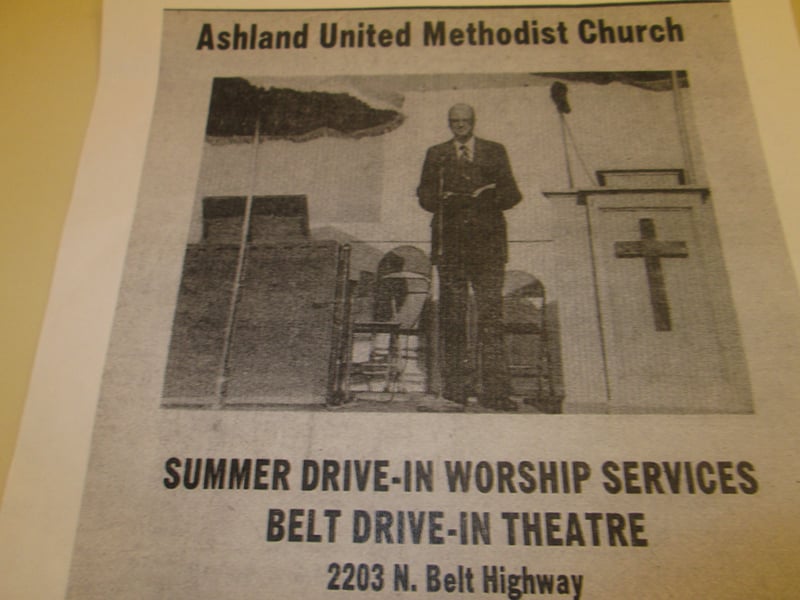 Ashland Methodist Church held 8am services during summer from 1958-1982. Bill Oquinn standing on ConcessionProjector stand was preacher from 1972-1978 screen in background