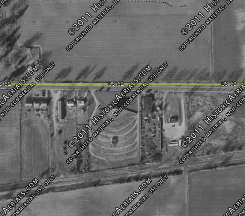 Aerial photo from 1967 shows location of drive-in on US 62, roughly 1 mile west of town.