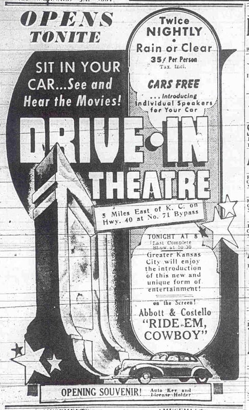 Opening night ad from May 14, 1942 KC Star. Opening souvenirs of key and license holders were given away.