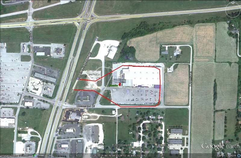 Google Earth image with outline of former site on US-71 at US-60