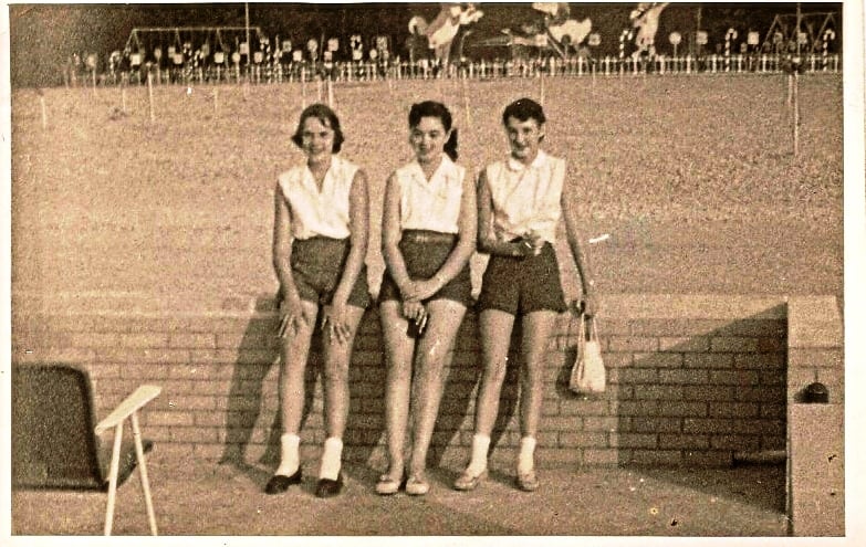 3 ticket hops on concession wall--Barb,Myra,Edith w playground in background.