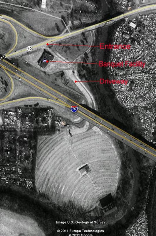 When I-70 cut through the entrance was moved to north side of highway and cars crossed under it. The Banquet facility was operated by the theater. Notice difference in D. Snow's pic