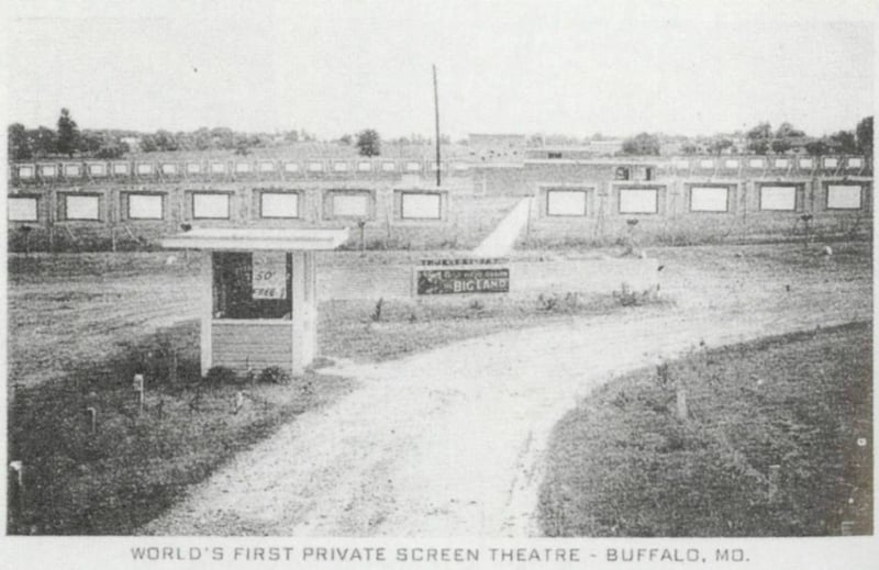 Postcard of the Highway 65 Autoscope Drive-In. Notice the projection building in the center of the circle of screens. The movie is the Big Land from 1957. Photo is from the Robert Giles collection. Taken from the book "Cinema Under the Stars."