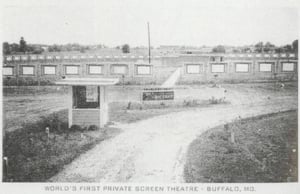 Postcard of the Highway 65 Autoscope Drive-In. Notice the projection building in the center of the circle of screens. The movie is the Big Land from 1957. Photo is from the Robert Giles collection. Taken from the book "Cinema Under the Stars."