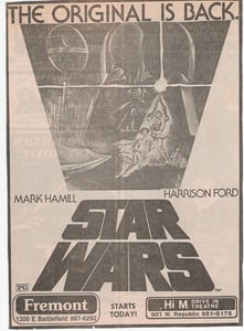 An advertisement for Star Wars playing at Hi M Drive-in. The address was 901 W Republic Road.