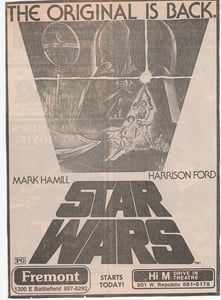 An advertisement for Star Wars playing at Hi M Drive-in. The address was 901 W Republic Road.