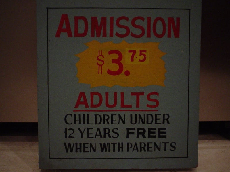 Admission price sign from the Holiday Drive-in before it closed in the 80's. This sign was displayed in box office window.