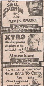 Advertisement for the Holiday Drive-in and Hi M Drive-in from the 80's. The Holiday played mainly R-rated movies.