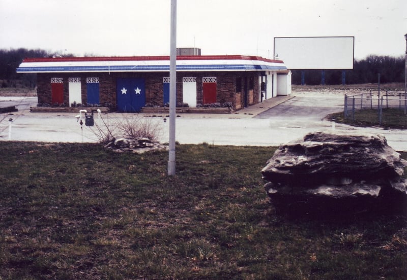 View behind projection/concession building towards screen