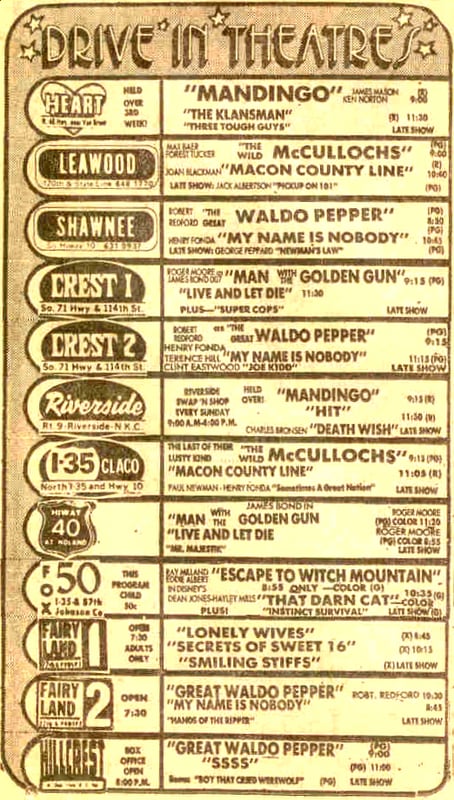 This is the other listing from the Kansas City Star, June 10,1975. I don't know who ran these theaters but it shows the 40 hiway drive-in in operation at the same time as the I-70 in a different location.