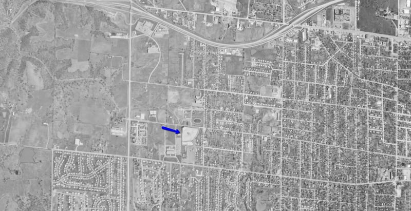 Aerial photo from 1965 of drive-in location on W Ash St west of Clinkscales Rd.