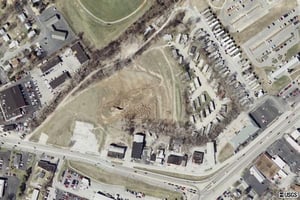 TerraServer image in 2002, showing what remains of the Drive-In. Dorms for nearby Lindenwood University have been built there since.