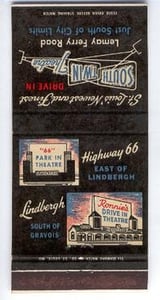 Vintage matchbook cover with Ronnie's and other St. Louis area theaters advertised on it.