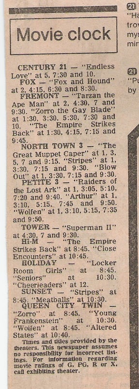 Movies playing at the Sunset Drive-in during the weekend of July 31, 1981 included: Stripes and Meatballs. All the theaters and drive-in's listed on the movie clock are now closed.