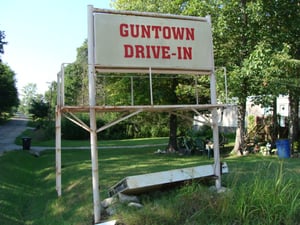Closeup shot of theater sign for the Guntown Drive In in Guntown, MS.
