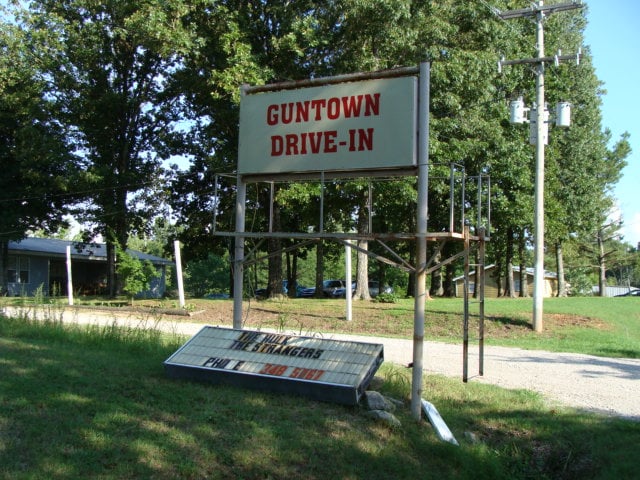 Opposite angle of theatre sign for the Guntown Drive In in Guntown, MS.