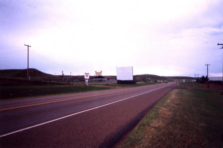 marquee + screen tower, looking east along State Routes 5/16(theater is just east of Plentywood, and shortly before the routes split off)