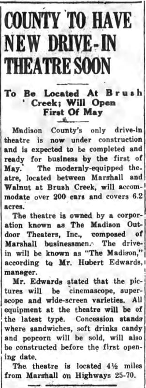 Opening soon announcement article from the Madison County News-Record on March 10, 1955.