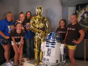 The real C3PO and R2D2 visited with theatre patrons during the Star Wars-Clone Wars Premiere.
