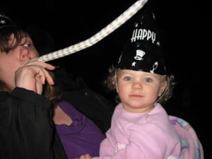 Theatre patrons, of all ages, get hats, horns and sparkling cider to celebrate the New Year--during the theatre's annual New Years Eve party.