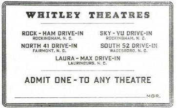 A Whitley Circuit theatre...here is a pass good at 5 drive-ins within their chain...all in North Carolina.