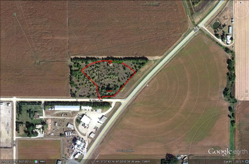 Google Earth image with outline of former site on US-30