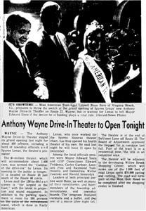 Grand opening article for the Anthony-Wayne Drive-in Theater Herald News Wednesday July 6, 1966