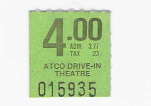 I found this ticket stub in my old wallet. We saw " Good 
Morning Viet Nam "  on the original screen. $4.00 a carload. A young man & his wife were managing the Atco Twin.