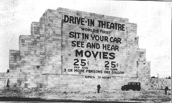 The screen tower of the first drive-in at Camden, New Jersey, June 1933. Photo from Tim Thompson's Drive-In Theater.com.
