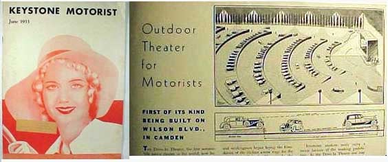 Keystone motorist article on the first drive in theatre, June 1933 issue