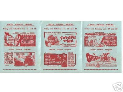 This flyer promotes movies which were playing in January 1959 at the Circus Drive-in Theatre in Hammonton, NJ and the Colonial Theatre in Egg Harbor City, NJ. The movies listed are: Sign of the Gladiator, Beloved Infidel, Five Gates to Hell, The Best of E