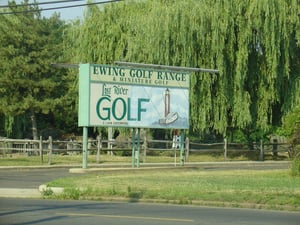 Entrance on Prospect Street. Main sign. Appears to be the old drive-in sign, reused for Ewing Golf course now on Drive-in grounds.