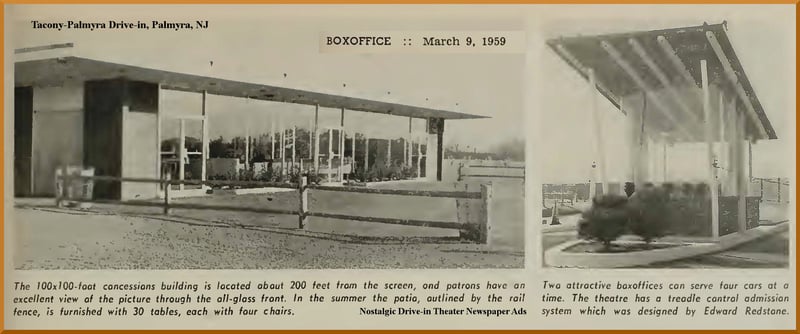 Box Office Magazine photos of Tacony-Palmyra Drive-in. March 9, 1959 (email me for full article).