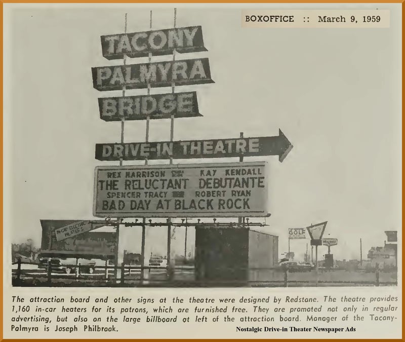 Box Office Magazine photos of Tacony-Palmyra Drive-in dated March 9, 1959. (Email me for full article).