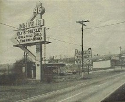 The Route 46 Drive-In Marquee looking eastbound on US 46.  Elvis on the big screen in Girls, Girls, Girls and