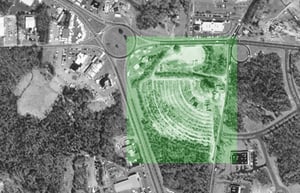 An aerial view of the Shore Drive-In property highlighted in green. Top of picture indicates Northeastern direction.