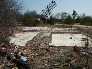 Foundation of projection booth on left. Far slab is of the concession stand. Don't know purpose of slab (building) on the near right of picture.