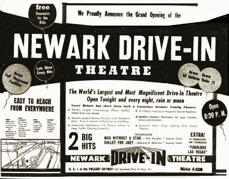 The Newark Drive-in Theater officially opens June 9, 1955. Here is the grand opening ad of that date appearing in both the Newark Star Ledger and the Newark Evening News.