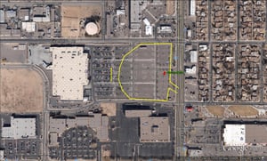 Google Earth image with former site outlined in parking lot of Walmart