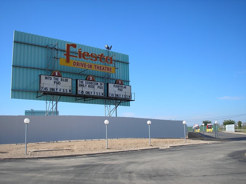 Fiesta Drive-In ticket booths and screen.