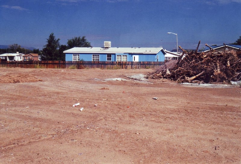 The blue mobile home stands about at the spot where the screen once used to be