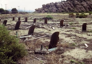 Wooden stumps remaining of the screen tower. The entrance road can be seen at the upper left corner