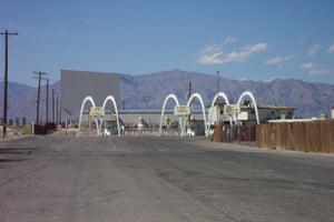 entrance to theatre:  ticket booths, screen 1 and projection booth/snack bar